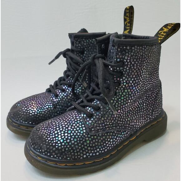 DR. MARTENS Kids Suede Lace Up Combat Boots Black Iridescent Dots 1460 J Sz 2 - Picture 1 of 7